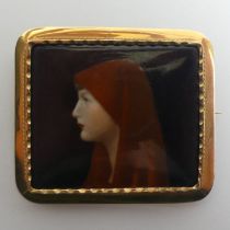 18ct gold mounted, hand painted porcelain plaque brooch depicting St Fabiola, 12.9 grams, 42mm x