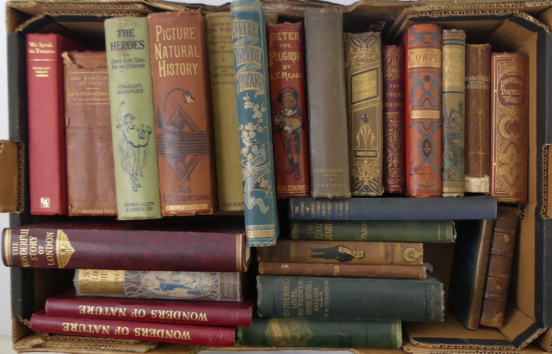 A box of books including The Wonderful Story of London, two volumes of Wonders of Nature and Picture