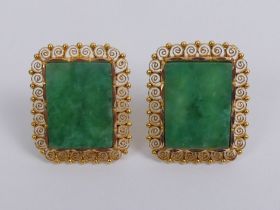 A pair of 18ct gold, jade set earrings, 8.7 grams, 19mm x 23mm.