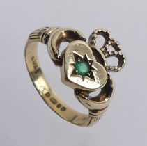 9ct gold emerald set Claddagh ring, 3 grams, 12.5mm, size K.