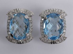 A pair of large 18ct gold blue topaz and diamond earrings, 16.5 grams, 18.8mm x 24.3mm.