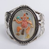 Native American silver, abalone, coral and turquoise cuff bangle, 33 grams.