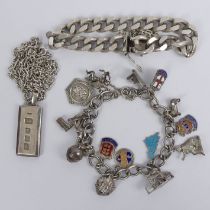 Sterling silver ingot pendant and chain, a silver curb link bracelet and silver charm bracelet,