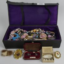 A box of mixed costume jewellery including amethyst set earrings.