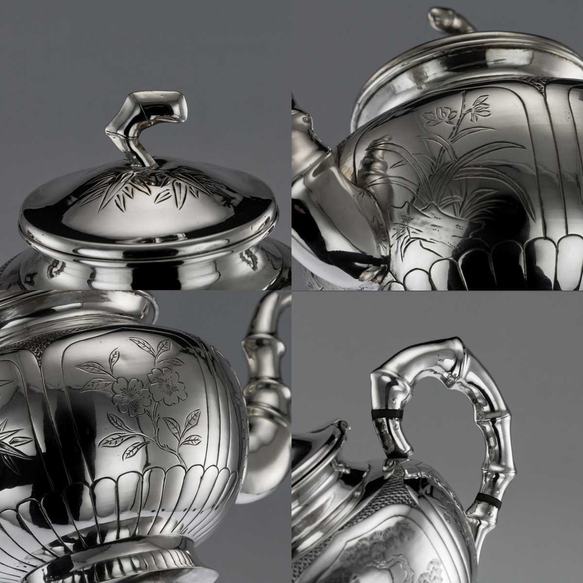 AN EARLY 20TH CENTURY CHINESE SOLID SILVER THREE PIECE TEA SET ON TRAY C. 1910 - Image 6 of 12