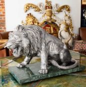 A MASSIVE ITALIAN SILVER MODEL OF A LION ON MARBLE BASE, C. 1970