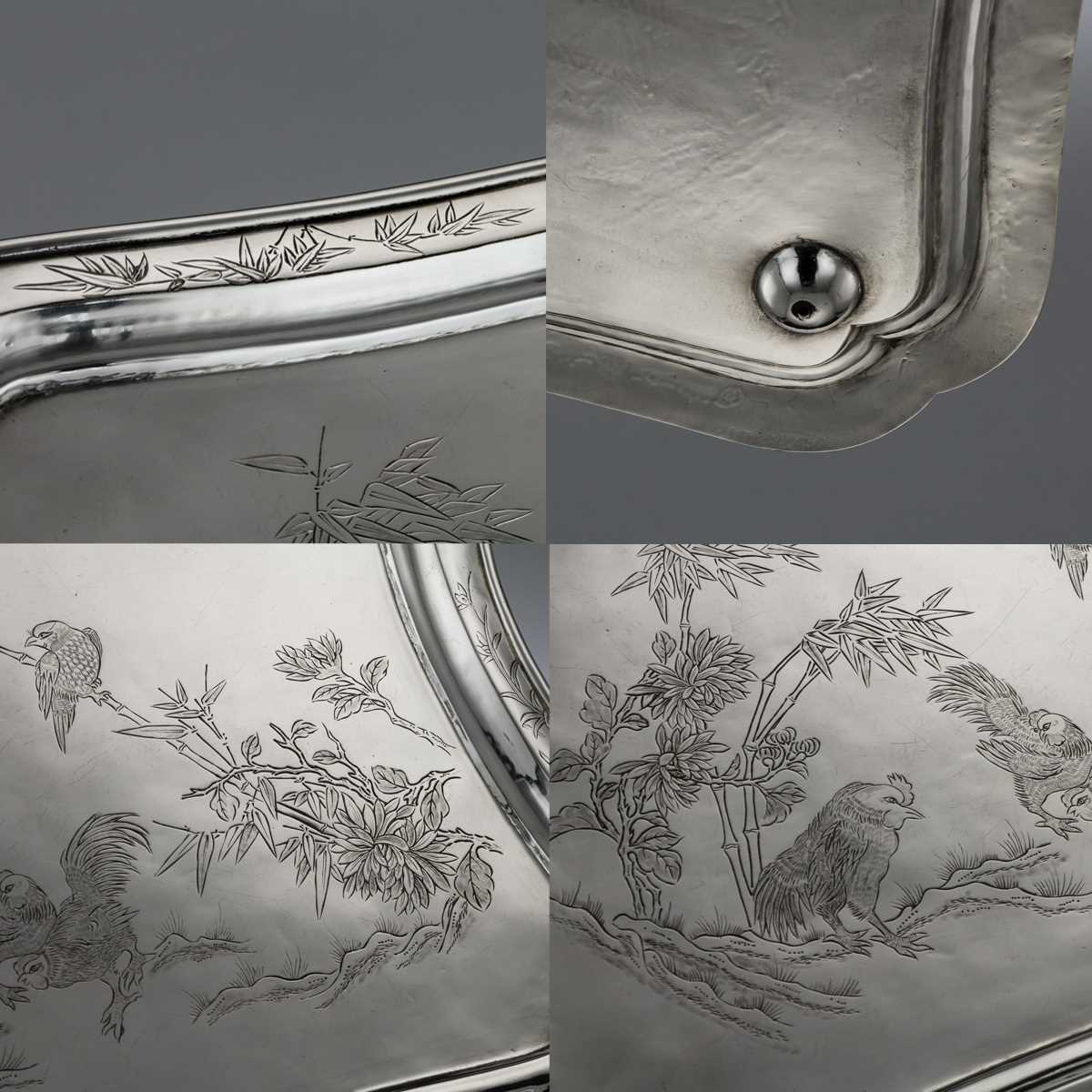 AN EARLY 20TH CENTURY CHINESE SOLID SILVER THREE PIECE TEA SET ON TRAY C. 1910 - Image 7 of 12