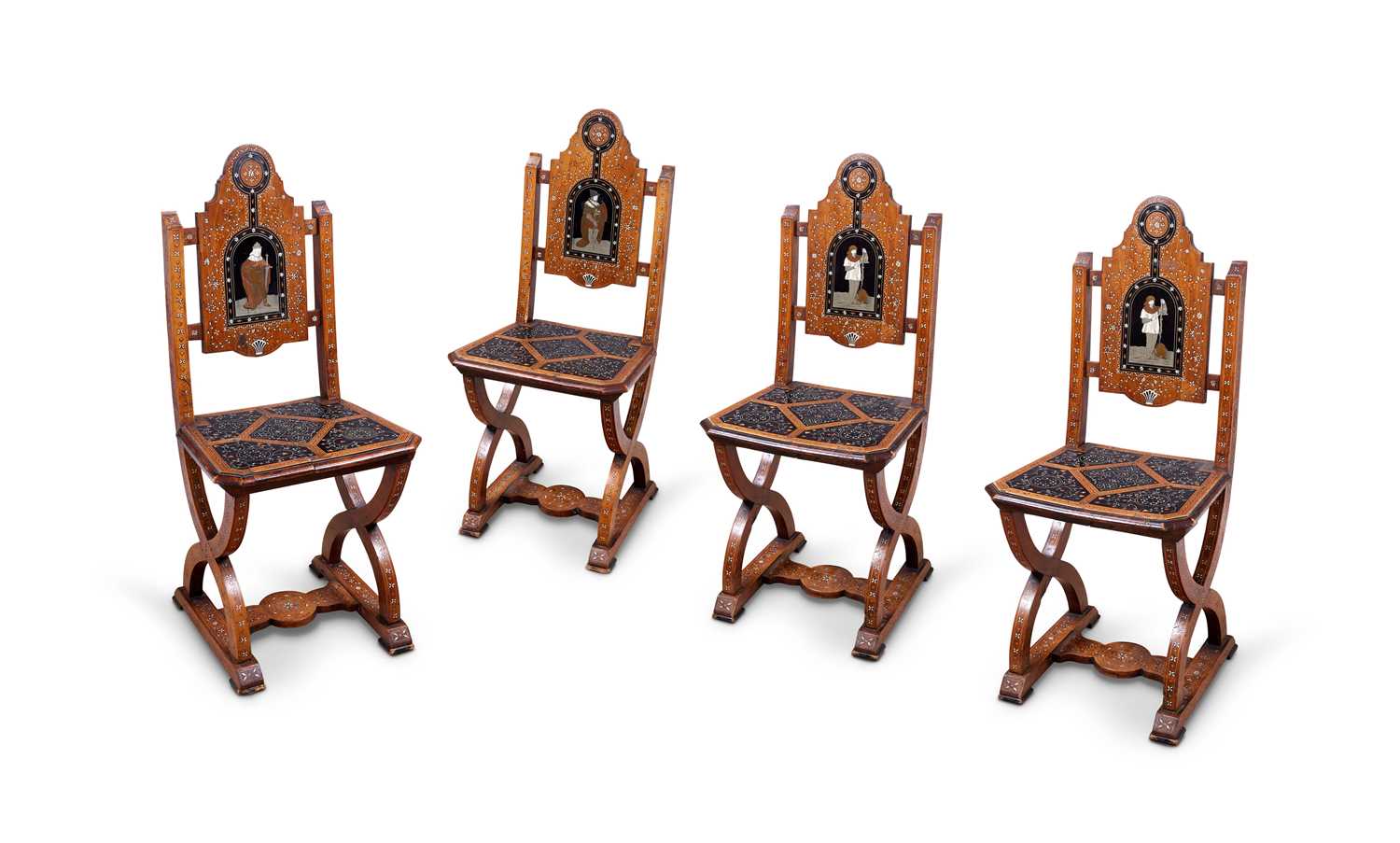 A SET OF FOUR MID 19TH CENTURY ITALIAN 'ALLA CERTOSINA' INLAID CHAIRS OR 'SGABELLO'