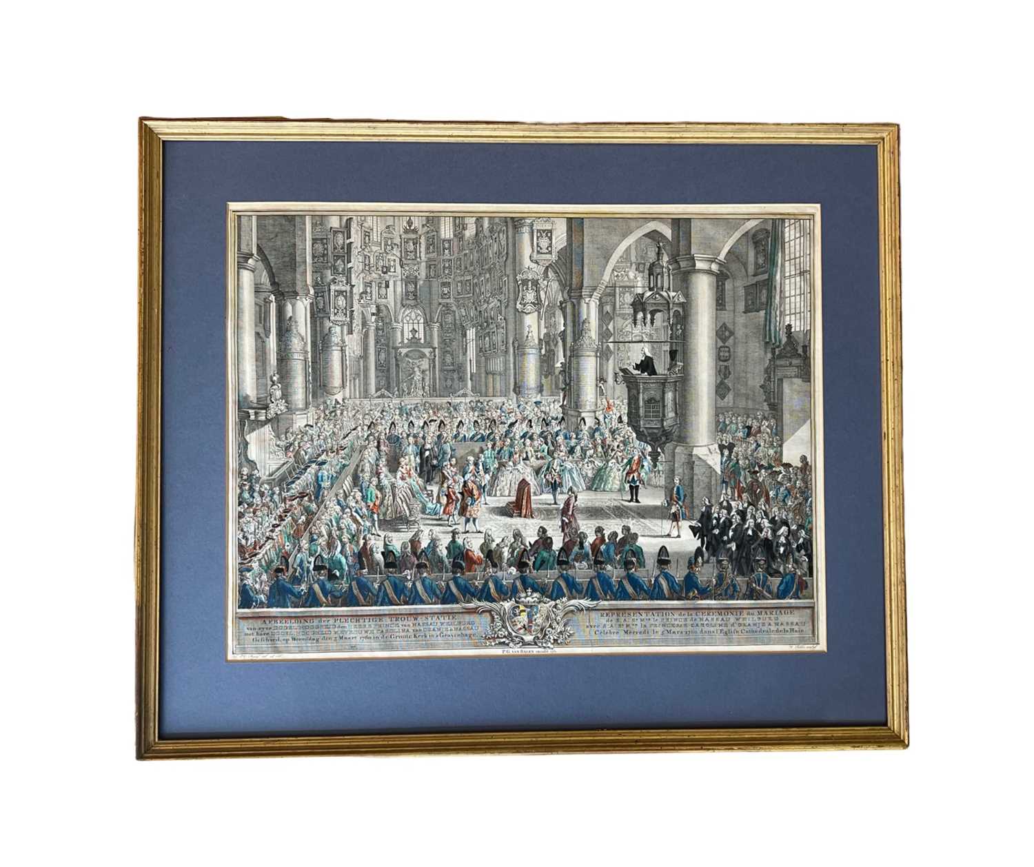 AN 18TH CENTURY HAND COLOURED ENGRAVING DEPICTING THE MARRIAGE OF PRINCE VAN NASSAU WEILBURG