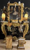 A PAIR OF 18TH CENTURY STYLE CARVED, PAINTED AND GILDED WOOD FIGURAL CANDELABRA