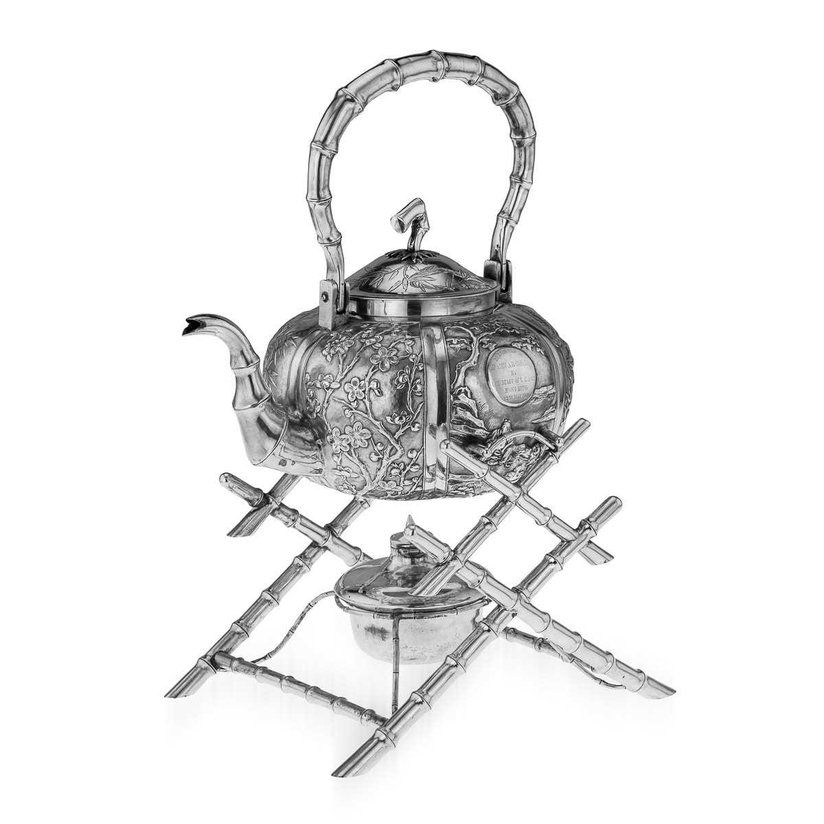 AN EARLY 20TH CENTURY CHINESE EXPORT SILVER KETTLE ON STAND, SUN SHING, C. 1900