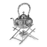 AN EARLY 20TH CENTURY CHINESE EXPORT SILVER KETTLE ON STAND, SUN SHING, C. 1900