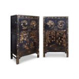 A PAIR OF CHINESE QING DYNASTY STYLE BLACK AND GILT LACQUERED CABINETS