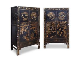 A PAIR OF CHINESE QING DYNASTY STYLE BLACK AND GILT LACQUERED CABINETS