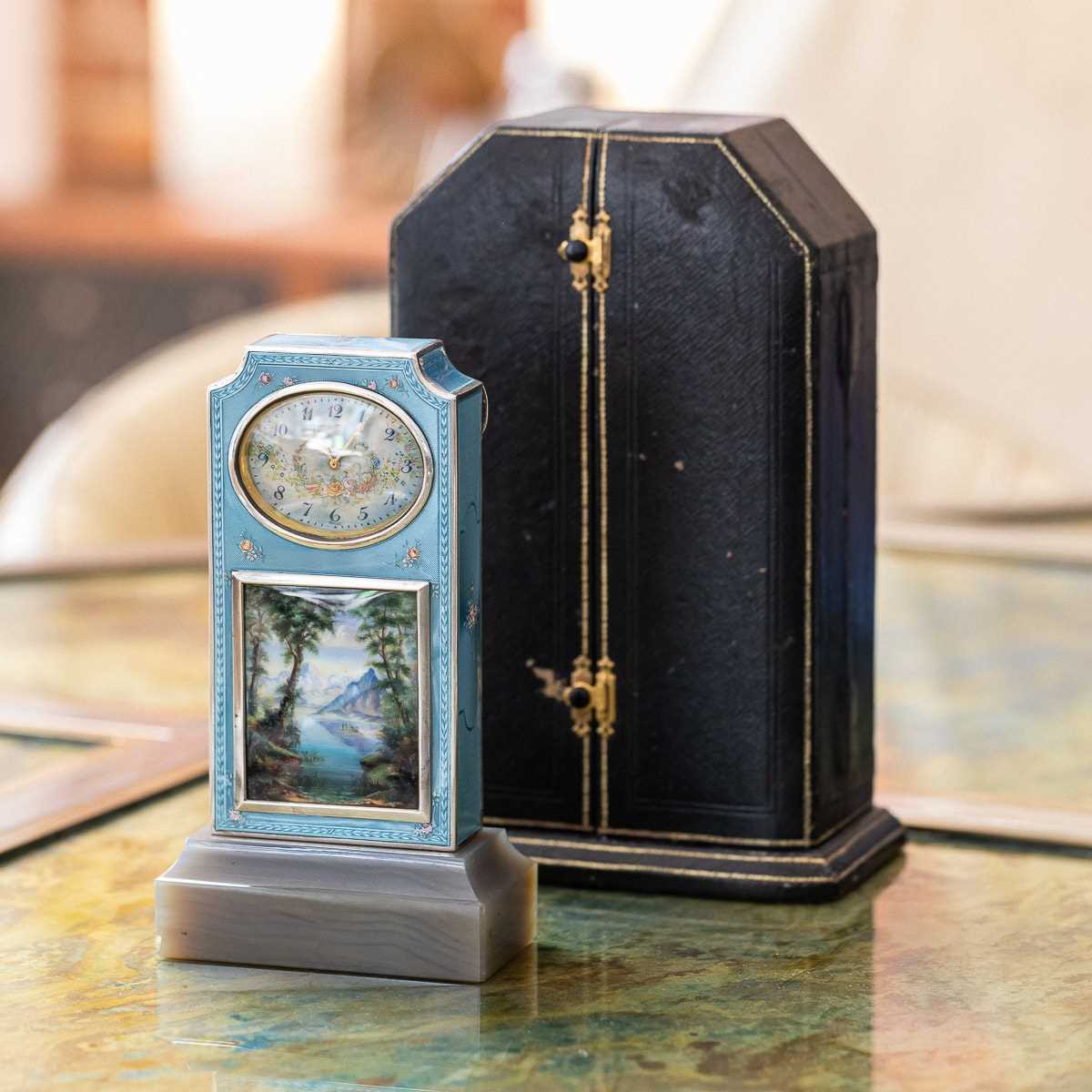 A FINE EARLY 20TH CENTURY SWISS SOLID SILVER AND GUILLOCHE ENAMEL TRAVEL CLOCK IN DISPLAY CASE - Image 2 of 62