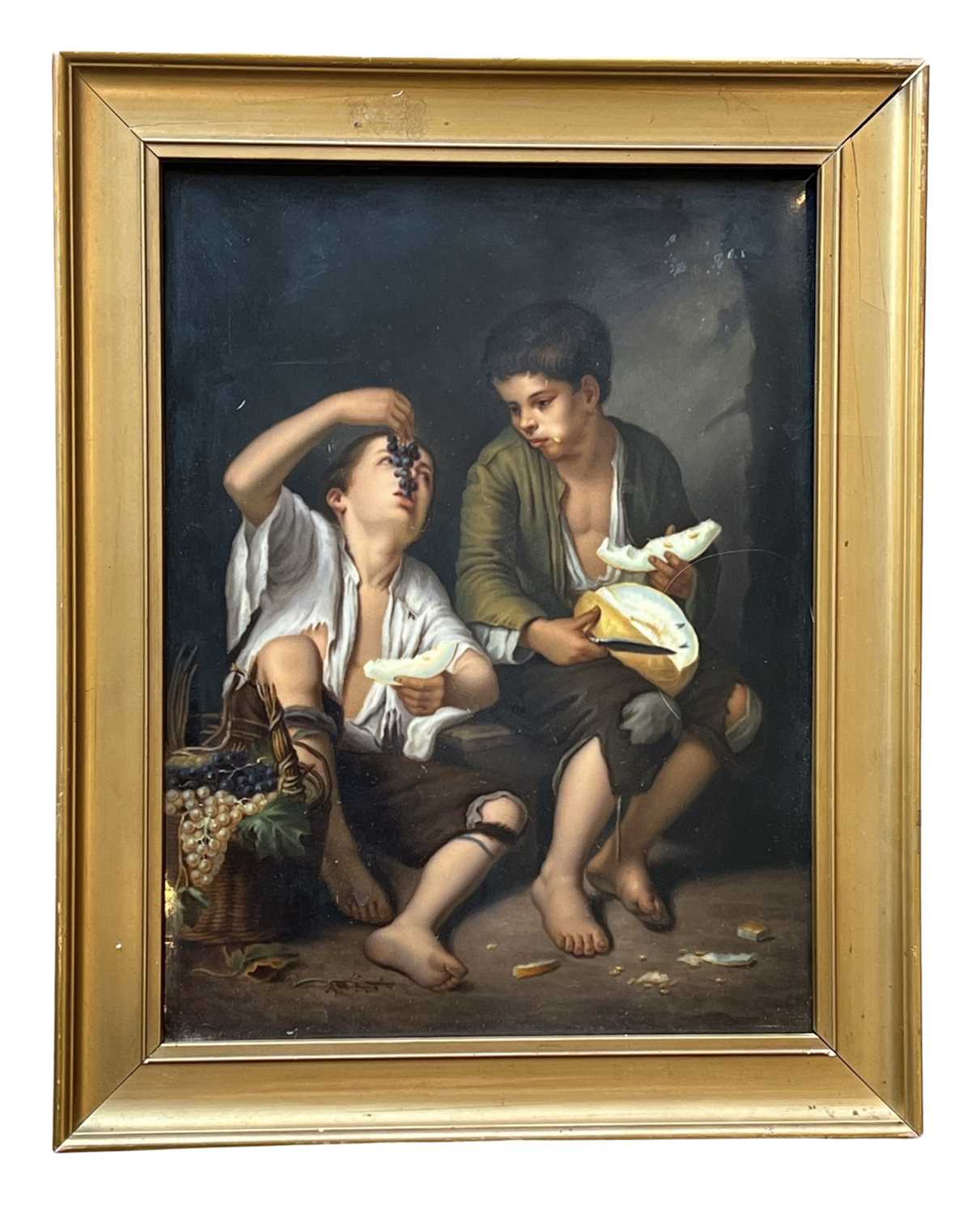 KPM: A LATE 19TH CENTURY BERLIN PORCELAIN PANEL AFTER MURILLO 'THE GRAPE AND MELON EATERS'