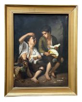 KPM: A LATE 19TH CENTURY BERLIN PORCELAIN PANEL AFTER MURILLO 'THE GRAPE AND MELON EATERS'