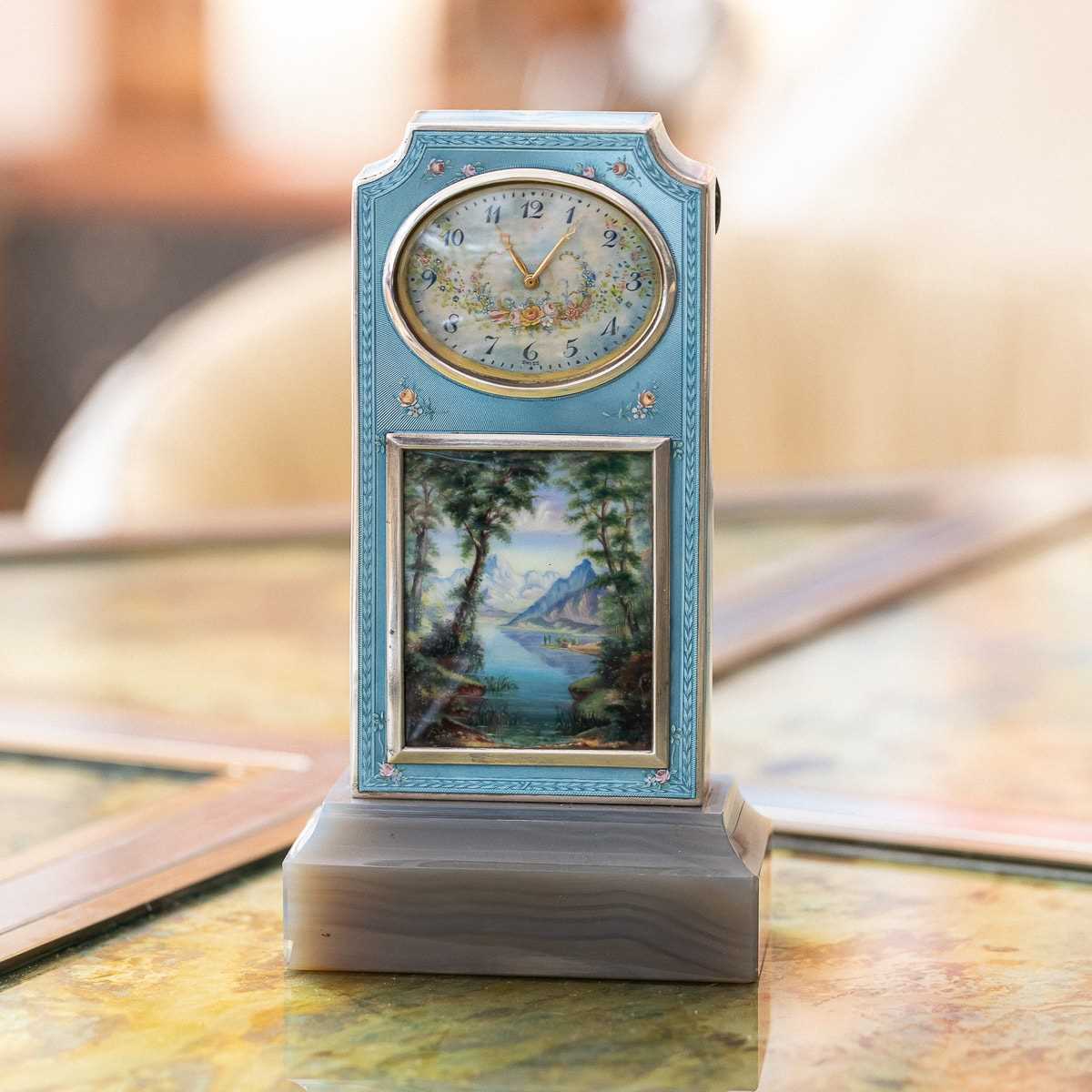 A FINE EARLY 20TH CENTURY SWISS SOLID SILVER AND GUILLOCHE ENAMEL TRAVEL CLOCK IN DISPLAY CASE - Image 24 of 62