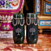 A PAIR 14CT GOLD, NEPHRITE, DIAMOND AND RUBY ENCRUSTED VASES IN THE STYLE OF FABERGE