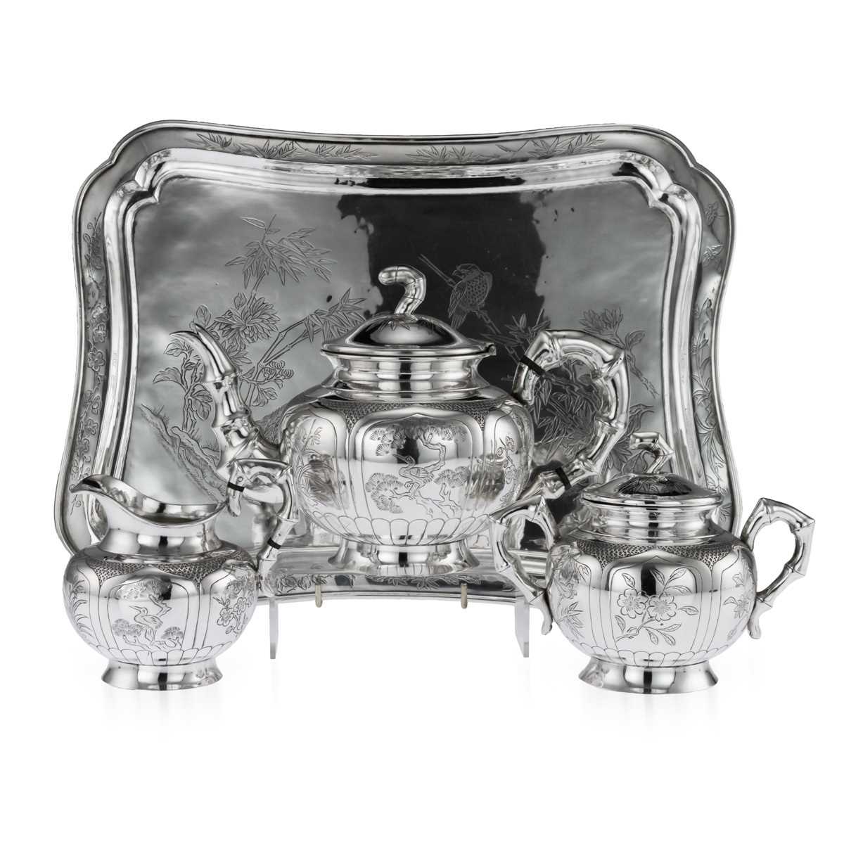 AN EARLY 20TH CENTURY CHINESE SOLID SILVER THREE PIECE TEA SET ON TRAY C. 1910