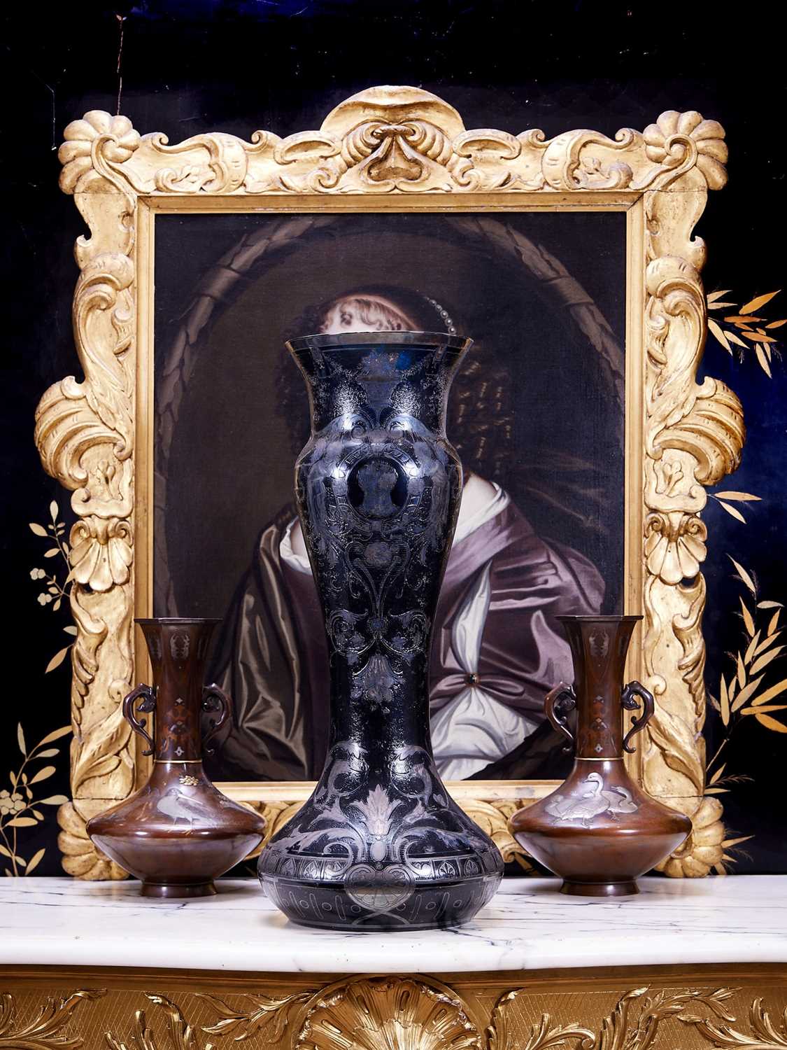 A MASSIVE 19TH CENTURY BOHEMIAN OVERLAY AND ENGRAVED GLASS VASE