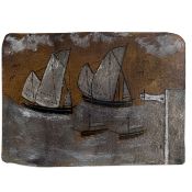 A SMALL PRIMITIVE PAINTING ON CARD INSCRIBED 'ALFRED WALLIS, CORNWALL'
