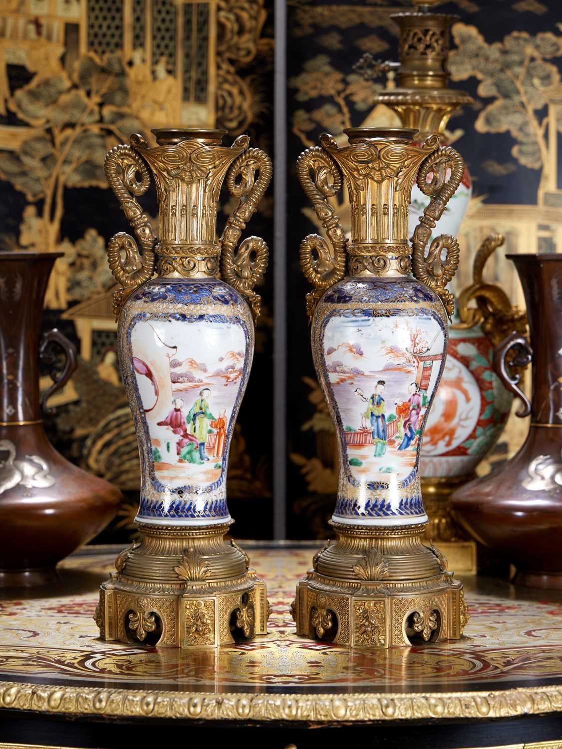 A FINE PAIR OF 18TH CENTURY CHINESE PORCELAIN AND GILT BRONZE MOUNTED VASES