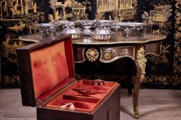 AN IMPRESSIVE 19TH CENTURY STERLING AND PLATED SILVER BOXED TABLE SUITE BY FROMENT MEURICE