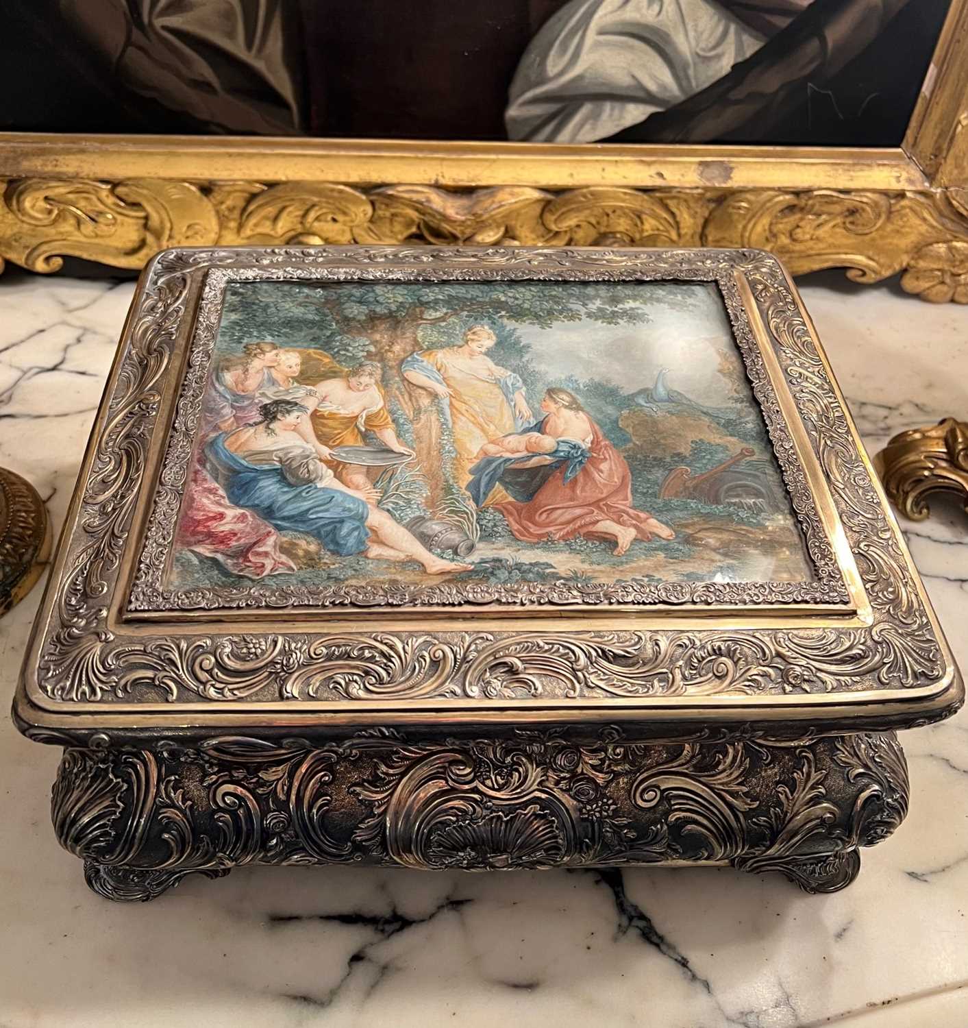 AN 18TH / 19TH CENTURY SILVER, SILVER GILT AND PAINTED TABLE CASKET - Image 6 of 15