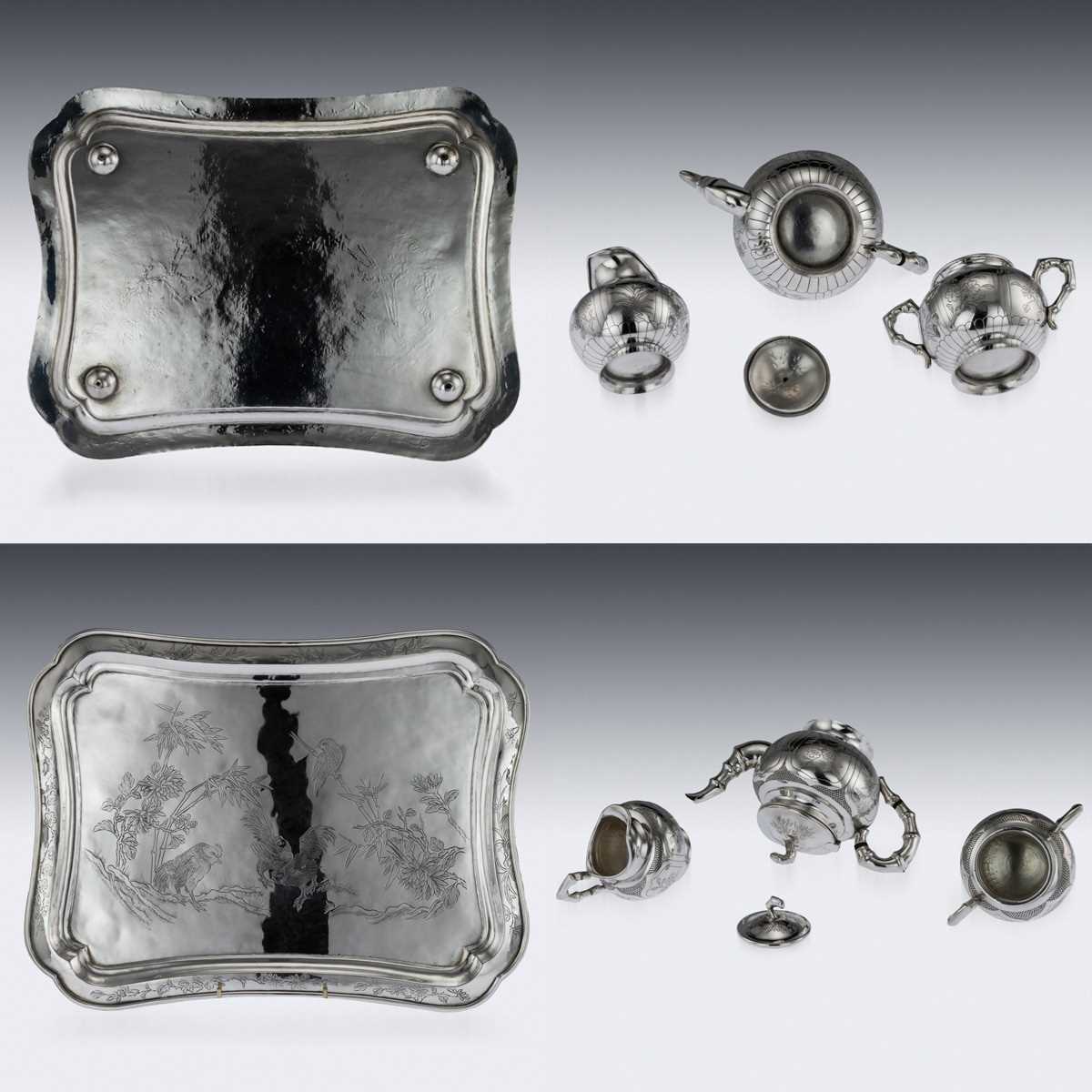 AN EARLY 20TH CENTURY CHINESE SOLID SILVER THREE PIECE TEA SET ON TRAY C. 1910 - Image 4 of 12