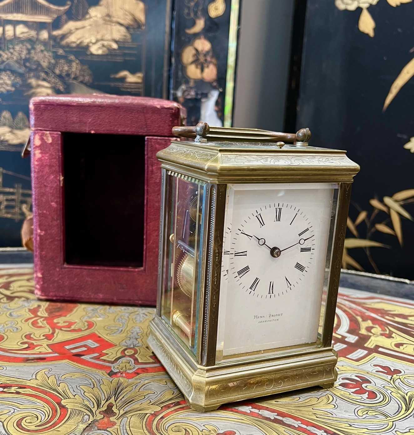 A LATE 19TH CENTURY FRENCH GILT BRASS STRIKING CARRIAGE CLOCK WITH PUSH REPEAT