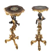 A PAIR OF 19TH CENTURY ITALIAN CARVED, GILDED AND PAINTED WOOD GONDOLIER TABLES