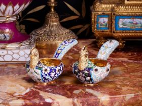 A FINE PAIR OF SOLID SILVER GILT AND CLOISONNE ENAMEL BIRD KOVSHES