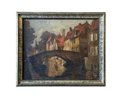 CONSTANT VAN DER VELDE (BELGIAN, EARLY 20TH CENTURY): TOWN SCENE WITH BRIDGE