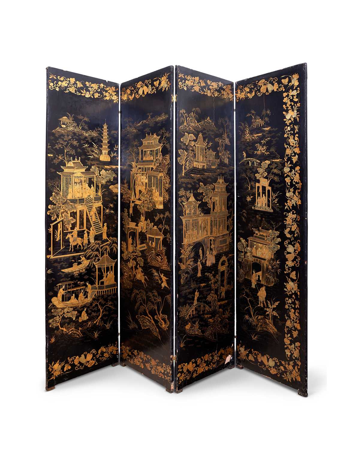 A LATE 18TH / EARLY 19TH CENTURY CHINESE BLACK LACQUERED, SILVER AND GILT DECORATED SCREEN