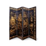 A LATE 18TH / EARLY 19TH CENTURY CHINESE BLACK LACQUERED, SILVER AND GILT DECORATED SCREEN