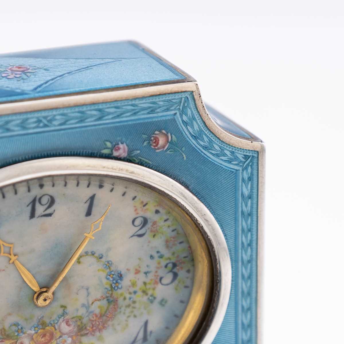 A FINE EARLY 20TH CENTURY SWISS SOLID SILVER AND GUILLOCHE ENAMEL TRAVEL CLOCK IN DISPLAY CASE - Image 10 of 62
