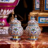 A FINE PAIR OF SILVER GILT AND CLOISONNE ENAMEL RUSSIAN STYLE URNS AND COVERS