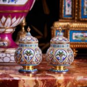 A FINE PAIR OF SILVER GILT AND CLOISONNE ENAMEL RUSSIAN STYLE URNS AND COVERS