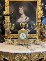 A LATE 19TH CENTURY FRENCH GILT BRONZE CLOCK GARNITURE