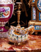 A FINE SILVER GILT AND CLOISONNE ENAMEL RUSSIAN STYLE BIRD KOVSH SET