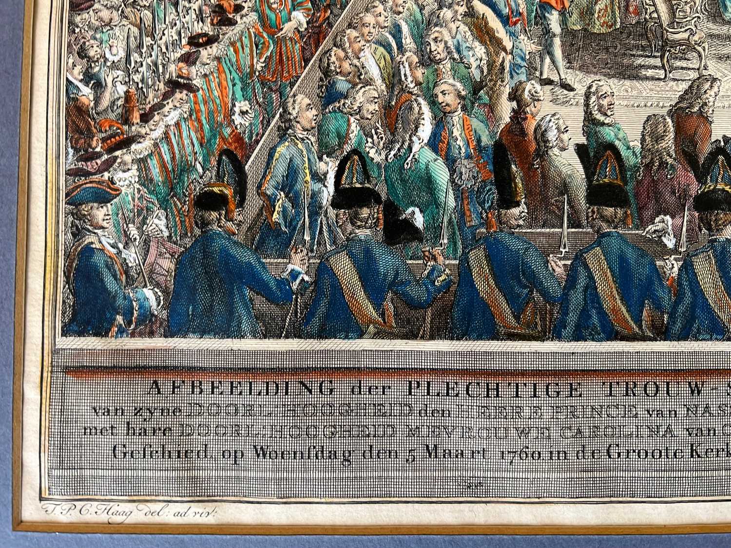 AN 18TH CENTURY HAND COLOURED ENGRAVING DEPICTING THE MARRIAGE OF PRINCE VAN NASSAU WEILBURG - Image 4 of 6