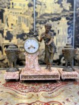 A LATE 19TH CENTURY FRENCH SPELTER AND MARBLE CLOCK GARNITURE
