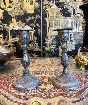 A PAIR OF 19TH CENTURY SILVERED BRONZE CANDLESTICKS MARKED PM