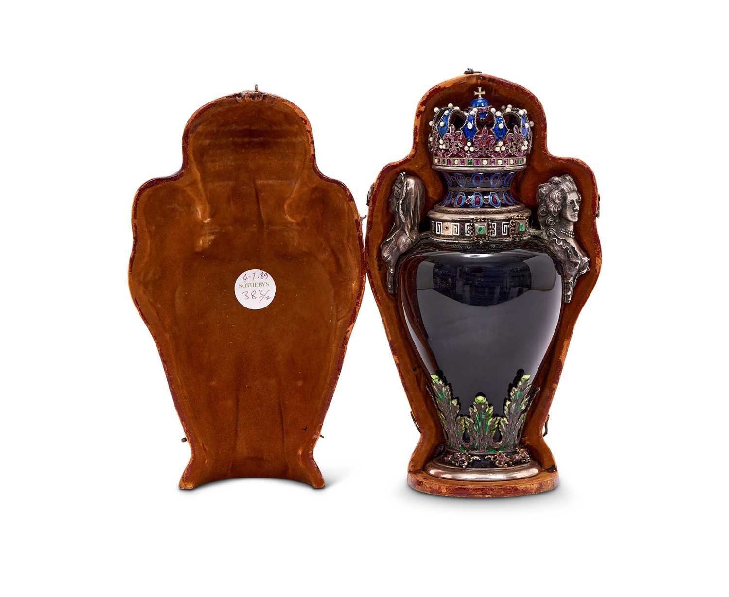 A FINE 19TH CENTURY VIENNESE ENAMEL, SILVER AND JEWELLED URN AND COVER OF ROYAL THEME - Image 3 of 6