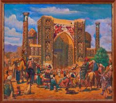A LARGE ORIENTALIST PAINTING OF THE REGISTAN PLAZE IN SAMARKAND