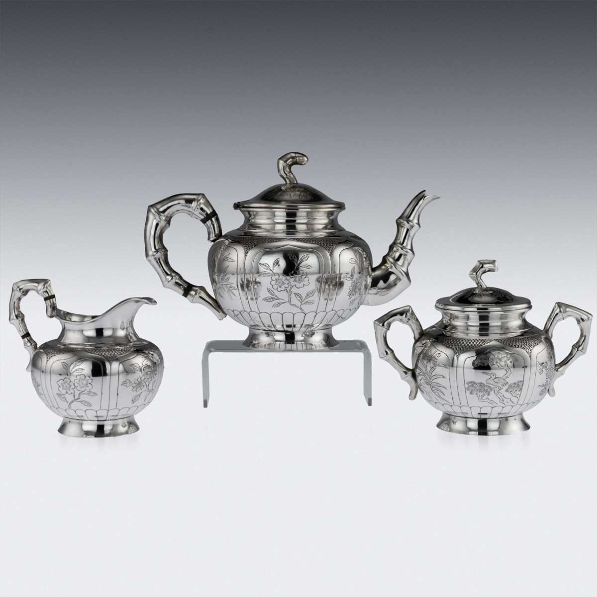 AN EARLY 20TH CENTURY CHINESE SOLID SILVER THREE PIECE TEA SET ON TRAY C. 1910 - Image 2 of 12