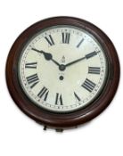 A GEORGE VI PERIOD MAHOGANY FUSEE POST OFFICE WALL CLOCK CIRCA 1940'S