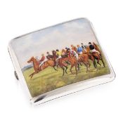 A 19TH CENTURY STERLING SILVER AND ENAMEL CIGARETTE CASE OF RACING THEME C.1892
