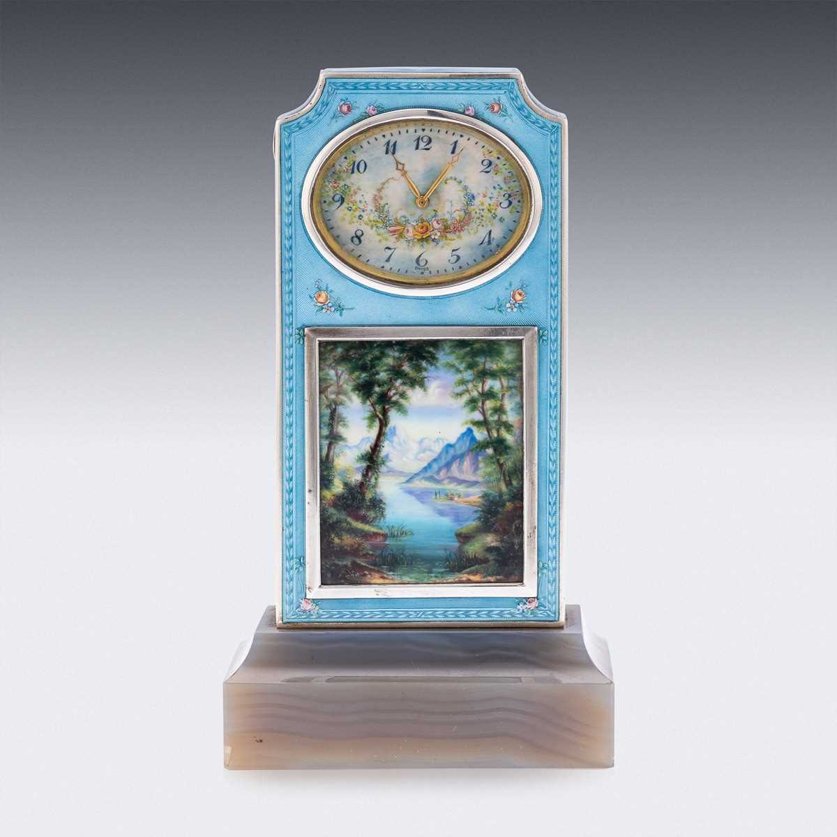 A FINE EARLY 20TH CENTURY SWISS SOLID SILVER AND GUILLOCHE ENAMEL TRAVEL CLOCK IN DISPLAY CASE - Image 4 of 62